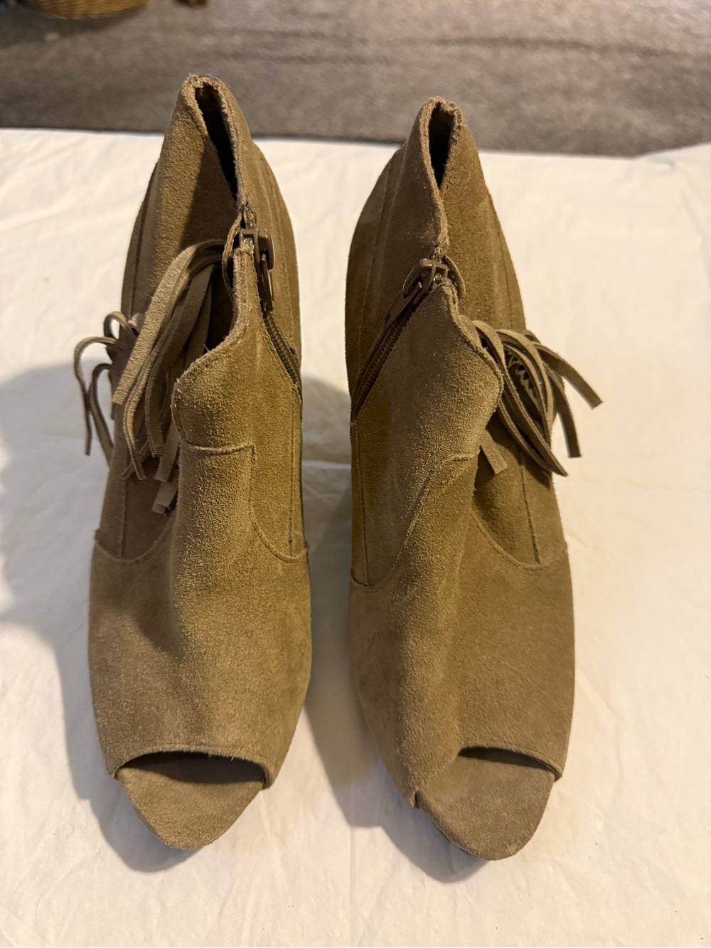 Seven7 Olive Suede Peep-Toe Fringe Ankle Booties